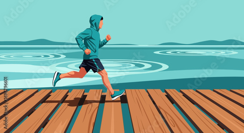 Runner On Pier, Achieving Fitness Goals, And Enjoying The Summer Day Outdoors