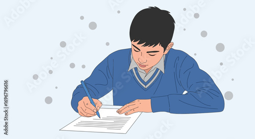 Student Concentrating On His Homework, Illustration With A Blue Sweater And Paper