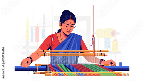 Artisan Weaver at Work: In this illustrated depiction, a skilled artisan, garbed in traditional attire, dedicates herself to the ancient craft of weaving on a loom.