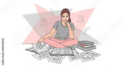 Student Contemplating Academic Texts Amidst An Artistic Background