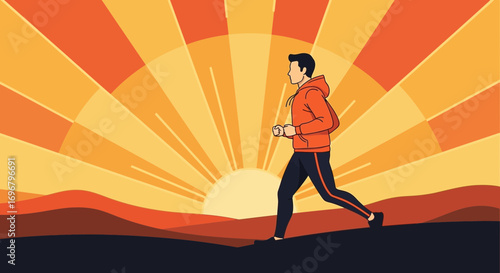 Runner Silhouetted Against Radiant Sunrise, Promoting Health and Active Lifestyle