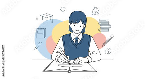 Student Diligently Writing in Notebook, Studying, Thinking, and Gaining Knowledge