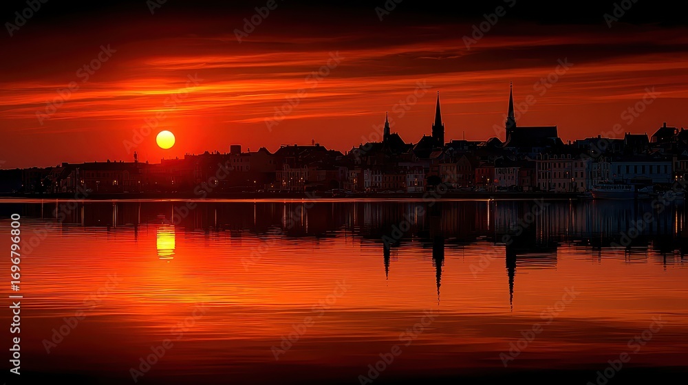 Fototapeta premium Fiery Sunset Over Cityscape Reflected in Calm Water.