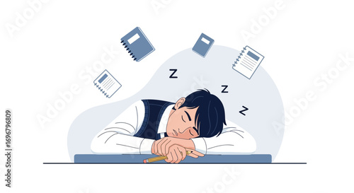 Student Exhausted After Studying With Notebooks And Pencil On A Desk Displaying Sleep