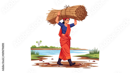 Woman Carrying Bundle of Wheat: This image depicts a woman carrying a bundle of wheat on her head while walking alongside a river, showcasing rural life and hard work. 