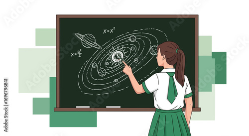 Student Explaining The Solar System On Blackboard With Equations And Diagrams