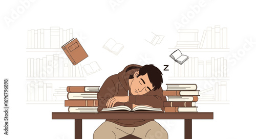 Student Exhausted While Studying, Sleeping on Books, Surrounded by Floating Literature
