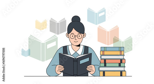 Student Immersed In Reading Session Surrounded By Open Volumes And Academic Texts