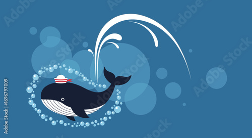 Sailor Whale Surfacing With Bubbles And Water Spray On A Marine Blue Background