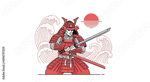 Samurai Warrior With Katana Sword Guarding Against Waves Under Crimson Sunlight