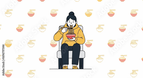 Satisfied Individual Consuming Noodles, Enjoying Bowl Of Ramen, Vector Illustration