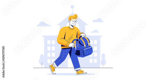 Student Leaving School, Animated Illustration Showing Daily Life And Modern Education
