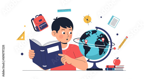 Student Reading Book And Studying Globe In An Educational Illustration