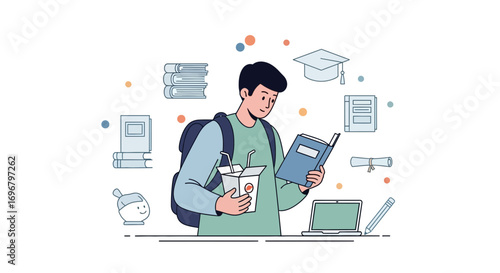 Student Reading Book While Holding Food And Laptop Vector Illustration