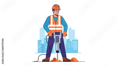 Construction Worker with a Jackhammer: A construction worker in safety gear is using a jackhammer to break the ground, embodying the essence of construction, industry, and manual labor with vivid.