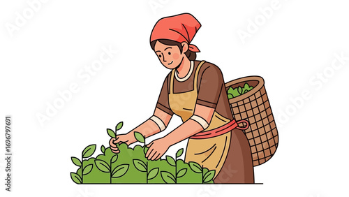 Tea Picker's Bounty: A woman, headscarf in place, diligently harvests tea leaves from flourishing bushes, a woven basket poised to gather the bounty.