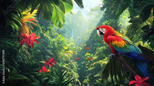 Wallpaper Mural Exotic macaw in a lush rainforest paradise bathed in ethereal sunlight Torontodigital.ca