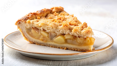 Single slice of apple pie with crumbly topping on white plate classic dessert