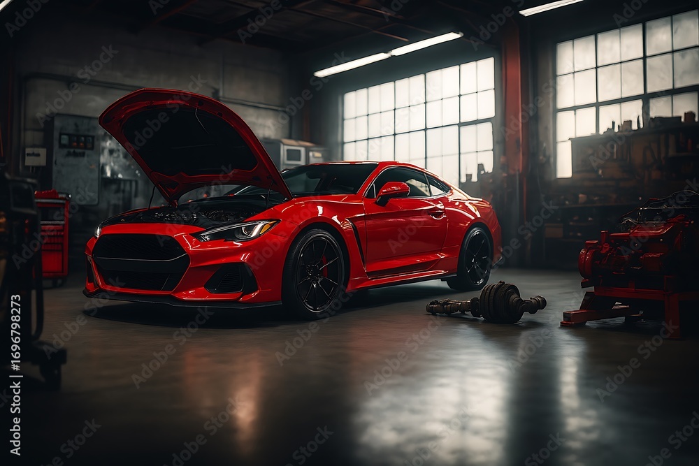 Fototapeta premium Red sports car with hood open in auto repair shop red car