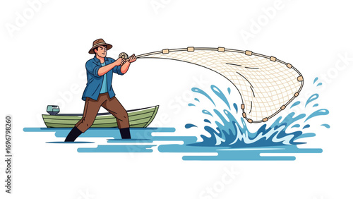 The Angler: Illustrative rendition of an angler, poised in his vessel, casts a fishing net to capture the bounty of the water, showcasing the timeless pursuit of angling.