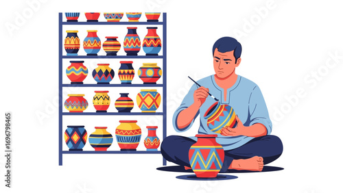 Creative Craftsmanship: A craftsman meticulously paints a vibrant, patterned ceramic pot, surrounded by shelves of colorful pottery, showcasing skill and artistic expression.