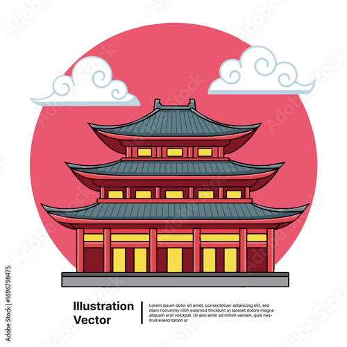 Asian Pagoda A Vector Illustration of Traditional Architecture Against a Pink Circle