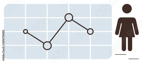 Woman figure beside a grid chart with a line graph indicating data trend analysis. Ideal for demographics, statistics, health, research, survey, population study, and analytics. A simple flat