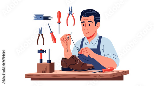 Artisan's Touch: A focused shoemaker meticulously repairs a leather shoe, surrounded by essential tools of his craft, in a clean, illustrative scene.