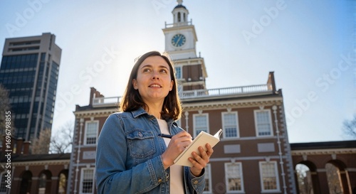 Young woman writing in notebook outdoors near historical building  