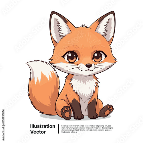 Cute cartoon fox illustration with big eyes and bushy tail, perfect for children's books and designs
