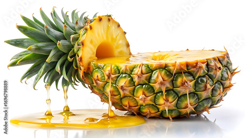 Close up of a fresh pineapple wedge with juice dripping tropical fruit