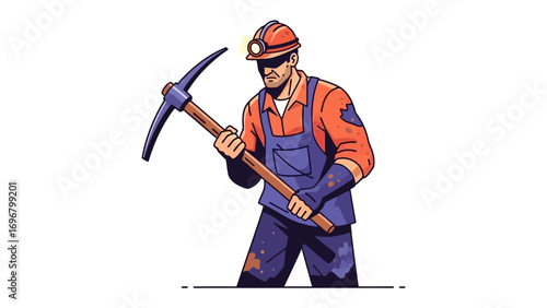 Hard-working Miner: A determined miner, equipped with a headlamp and pickaxe, ready for work. An illustration depicting a symbol of labor, dedication, and resourcefulness.
