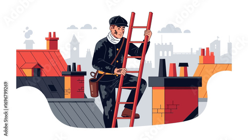 Chimney Sweep Ascending: A hardworking chimney sweep climbs a ladder toward rooftops, a charming scene highlighting classic urban architecture and traditional craftsmanship.