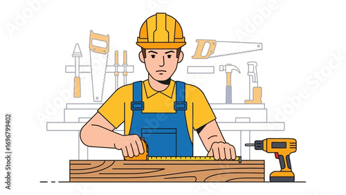 Craftsman at Work: A focused craftsman diligently measures a piece of wood, surrounded by his essential tools, embodying precision and skill. 