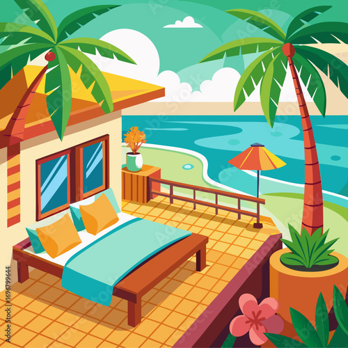 Tropical vacation villa beachfront resort with ocean view and palm trees