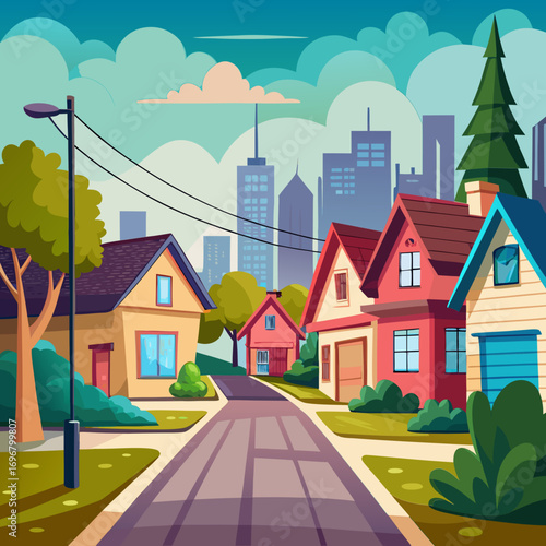 Charming cartoon vector suburban street with cozy houses and cityscape background illustration