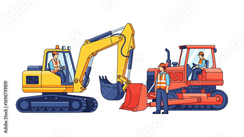 Construction Site Machinery: A stylized illustration of heavy construction vehicles at a construction site, capturing the energy and functionality of a construction project.