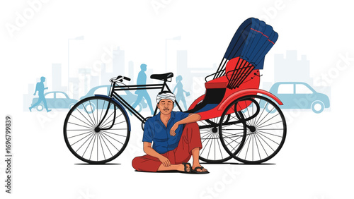 Cycle Rickshaw Resting: A person poses near an iconic cycle rickshaw, presenting a view of city life in India, showcasing the traditional means of transport and cultural heritage.