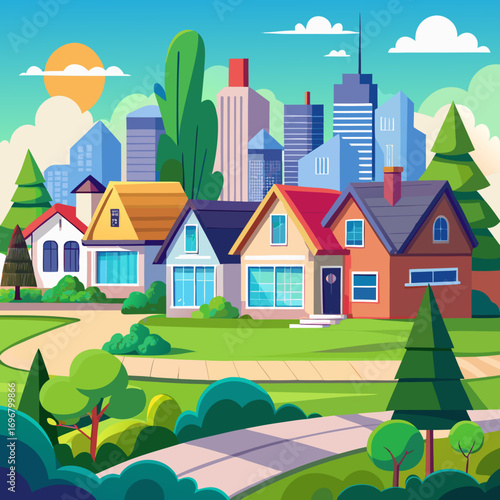 Vibrant cartoon suburban neighborhood with modern city skyline green trees and clear sky vector illustration