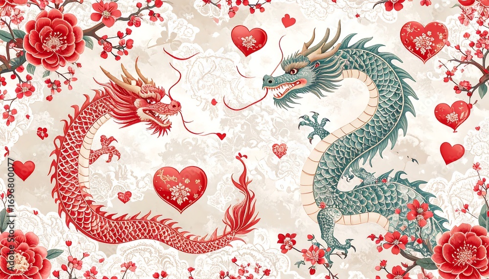 Obraz premium Dragons, hearts, flowers, Asian-inspired pattern