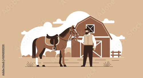 Stylish Illustration Of A Cowboy And His Horse Near A Rustic Wooden Barn Structure