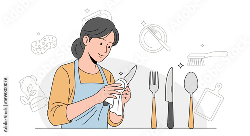 Woman Cleaning And Polishing Tableware For Sparkling Cleanliness Illustrative Vector Artwork