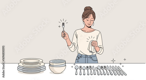 Woman Cleaning Cutlery And Dishes Preparing A Clean Kitchen With Fresh Tableware
