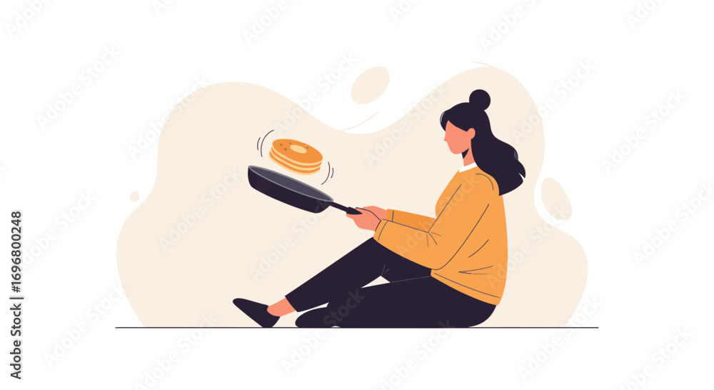 Fototapeta premium Woman Cooking Fluffy Pancakes In Pan In A Simple Flat Style Illustration For Culinary Purposes