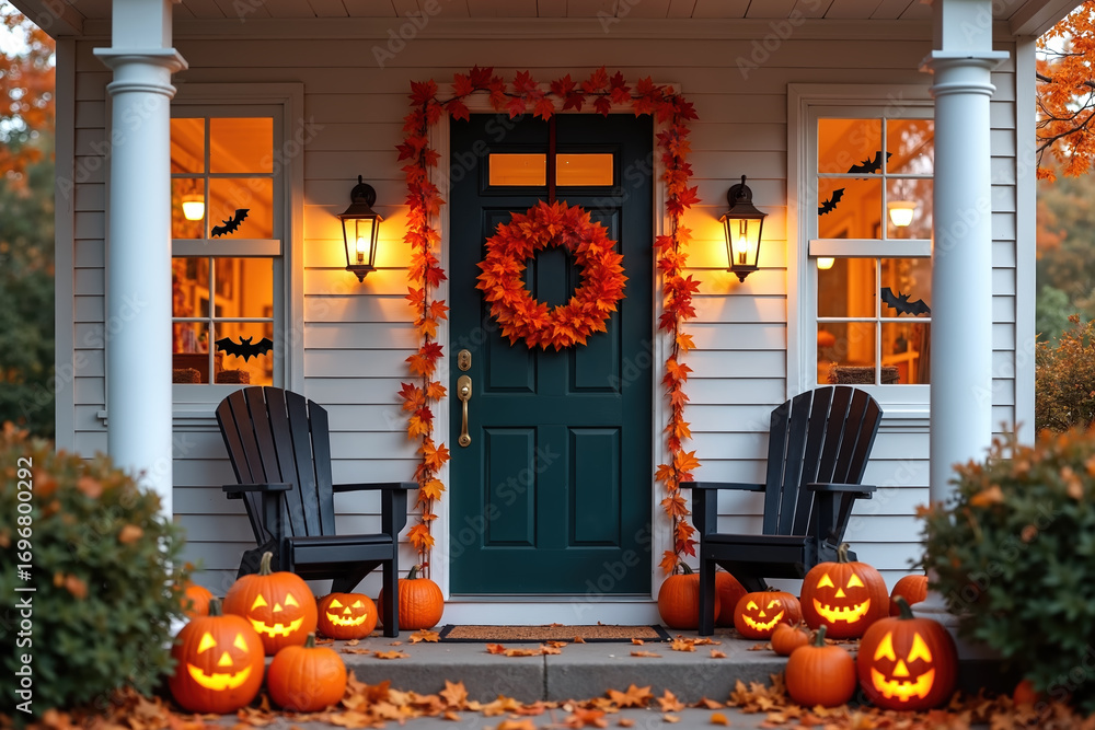 Obraz premium A house porch decorated with a green door, orange wreath, and autumn leaves, surrounded by jack-o-lanterns and adirondack chairs, creating a festive halloween atmosphere.