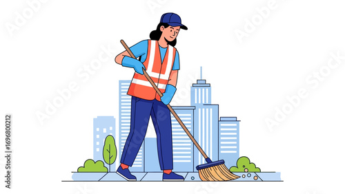 City Maintenance: A dedicated sanitation worker diligently sweeps a city street, surrounded by the towering skyscrapers and lush urban greenery, symbolizing urban cleanliness