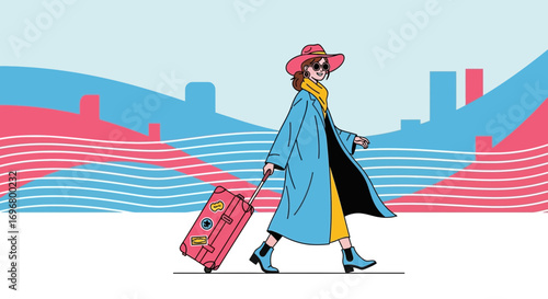 Stylish Traveler Journeying With Luggage Past Abstract Cityscape Elements Design