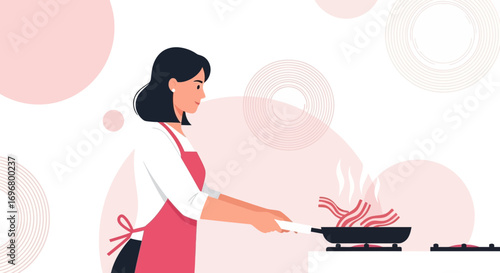 Woman Cooking Bacon On A Stove Preparing Breakfast With Pink Color Palette