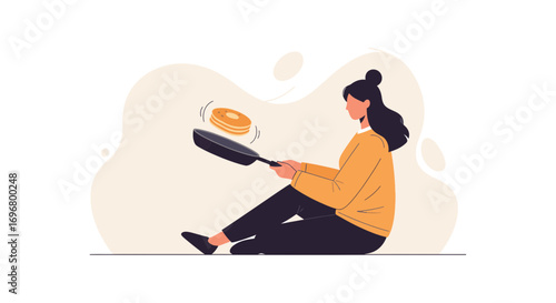 Woman Cooking Fluffy Pancakes In Pan In A Simple Flat Style Illustration For Culinary Purposes