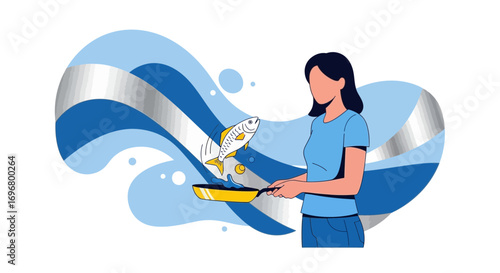 Woman Cooking Fish Vector Illustration With Abstract Blue Artistic Background Design Concept